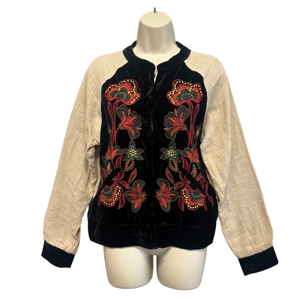 Womens Sz M Velvet Embroidered Floral Bomber Jacket Boho‎ Cottagecore Whimsigoth